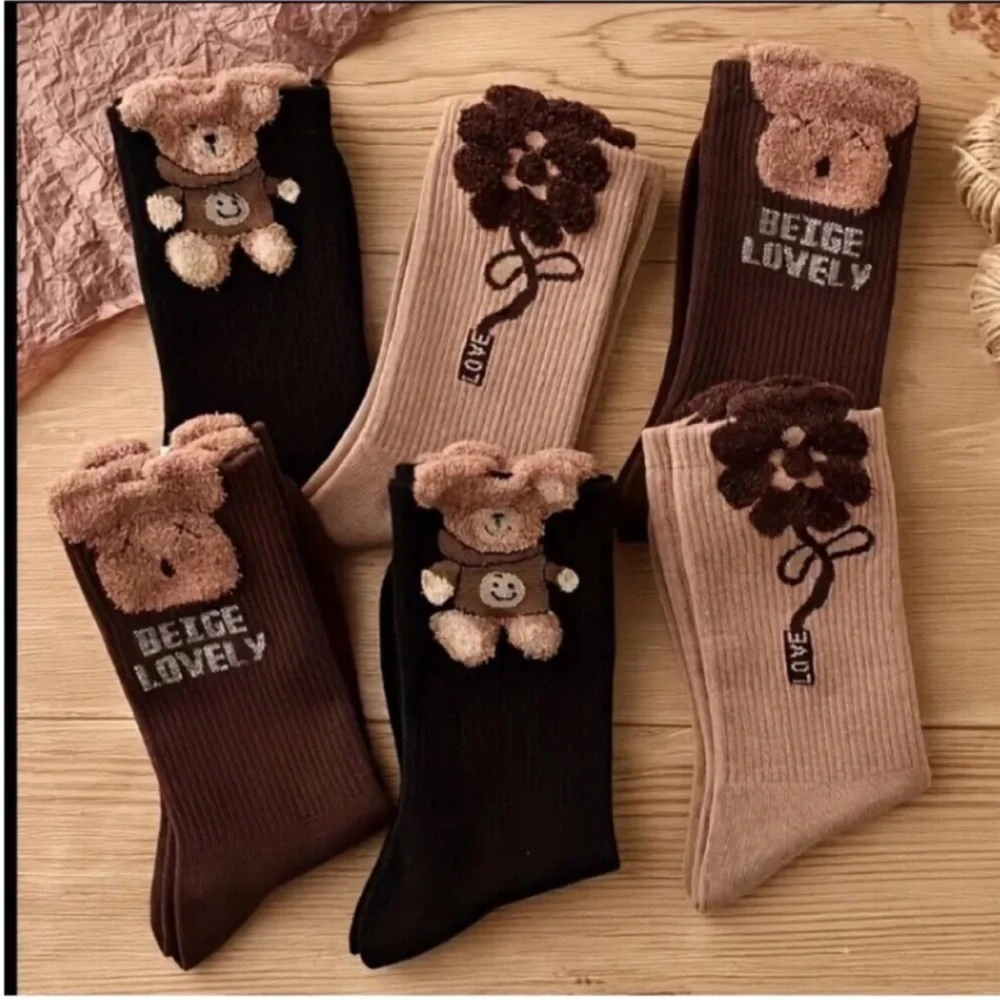 Women's Socks & Hosiery 3 Pairs Teddy Bear Print Socks Comfy Cute Mid Tube Socks